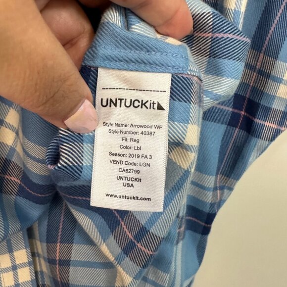 Untuckit 100% Cotton Wrinkle Free Plaid Button Down Shirt Light Blue/Navy XL - Picture 7 of 9